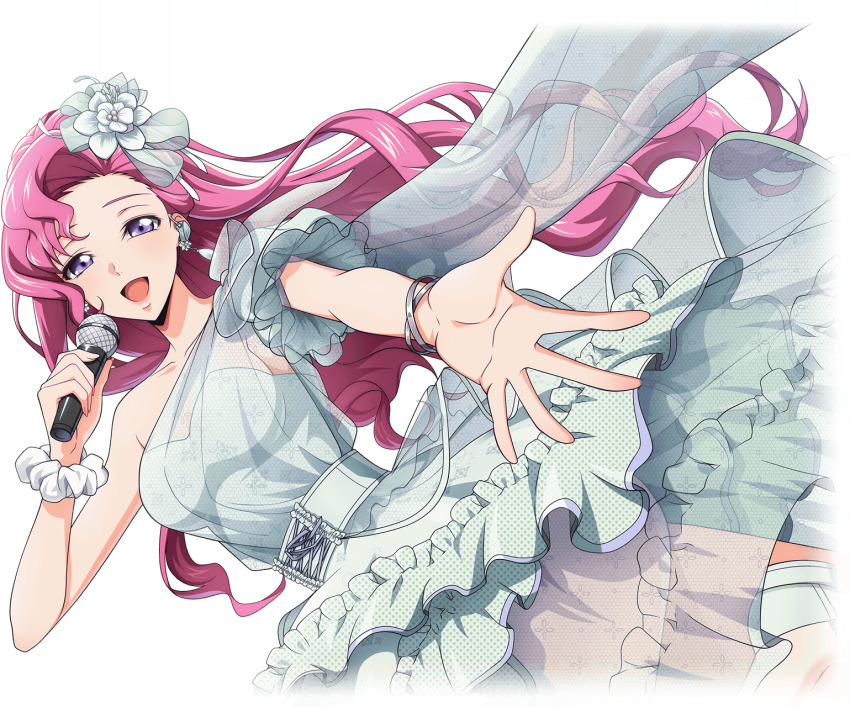 1girl alpha_transparency artist_request bangle blush bracelet breasts code_geass code_geass:_lost_stories collarbone dress dutch_angle earrings euphemia_li_britannia female_focus flower frilled_dress frills game_cg hair_flower hair_ornament half-closed_eyes hand_up happy highres holding holding_microphone jewelry leg_up long_hair looking_at_viewer medium_breasts microphone music non-web_source official_art open_mouth outstretched_arm pink_hair purple_eyes reaching reaching_towards_viewer scrunchie see-through_clothes see-through_dress shoes short_sleeves sidelocks simple_background singing single_bare_shoulder single_sleeve smile solo spread_fingers standing standing_on_one_leg transparent_background unmoving_pattern white_dress white_flower white_scrunchie white_shoes wrist_scrunchie