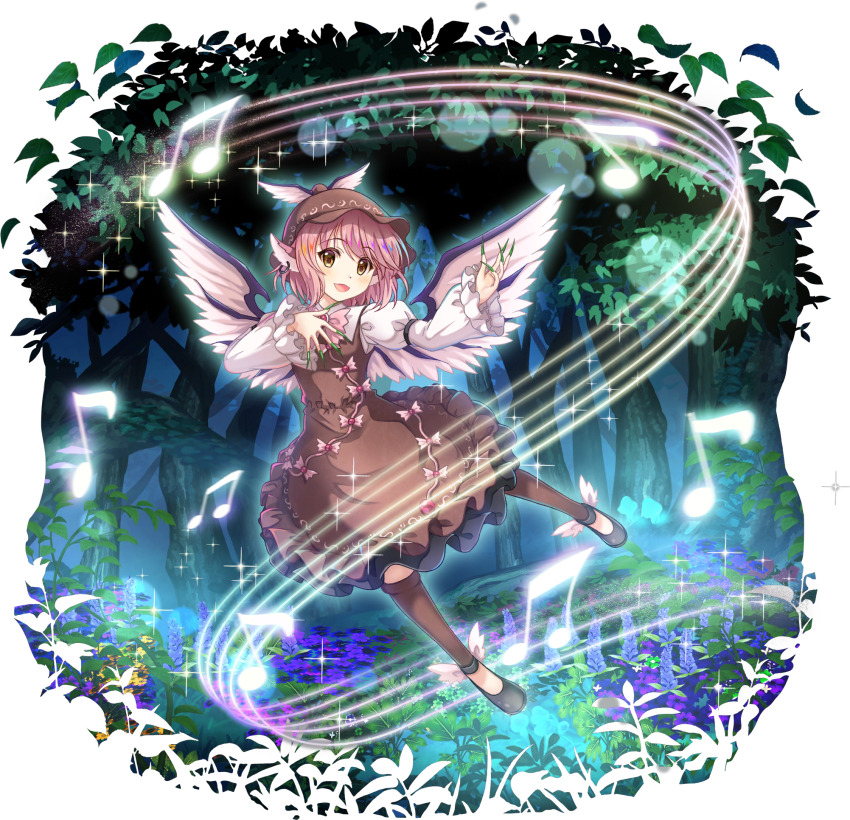 1girl :d animal_ear_piercing animal_ears bird_ears bird_wings black_shoes brown_dress brown_eyes brown_hat brown_thighhighs detached_leggings dress earrings feathered_wings flower flower_request forest full_body game_cg green_nails hat highres jewelry juliet_sleeves long_sleeves looking_at_viewer musical_note musical_staff mystia_lorelei nature official_art open_mouth outdoors pink_hair plant puffy_sleeves purple_flower rotte_(1109) shoes short_hair smile solo sparkle thighhighs third-party_source touhou touhou_lostword transparent_background very_long_fingernails white_wings winged_hat winged_shoes wings