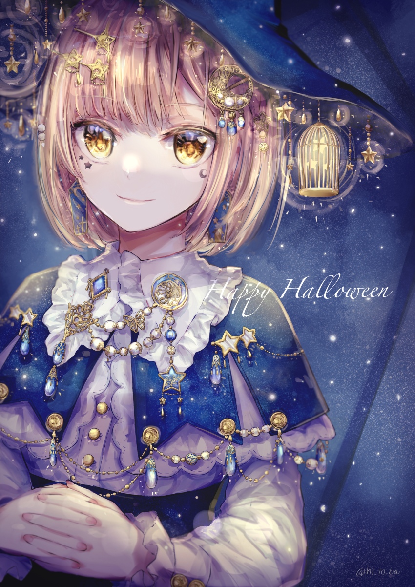 1girl absurdres artist_name artoria_(hitoba) birdcage blonde_hair blue_background blue_gemstone blue_hat buttoned_cuffs buttons cage capelet closed_mouth collar_chain_(jewelry) commentary_request corset crescent crescent_tattoo detached_collar earrings english_text frilled_capelet frilled_shirt_collar frilled_sleeves frills gem hair_ornament hairclip hat hat_ornament highres hitoba jewelry layered_capelet long_sleeves looking_at_viewer original own_hands_together shirt short_hair smile solo star_(symbol) star_tattoo starry_sky_print tattoo upper_body white_shirt witch witch_hat yellow_eyes