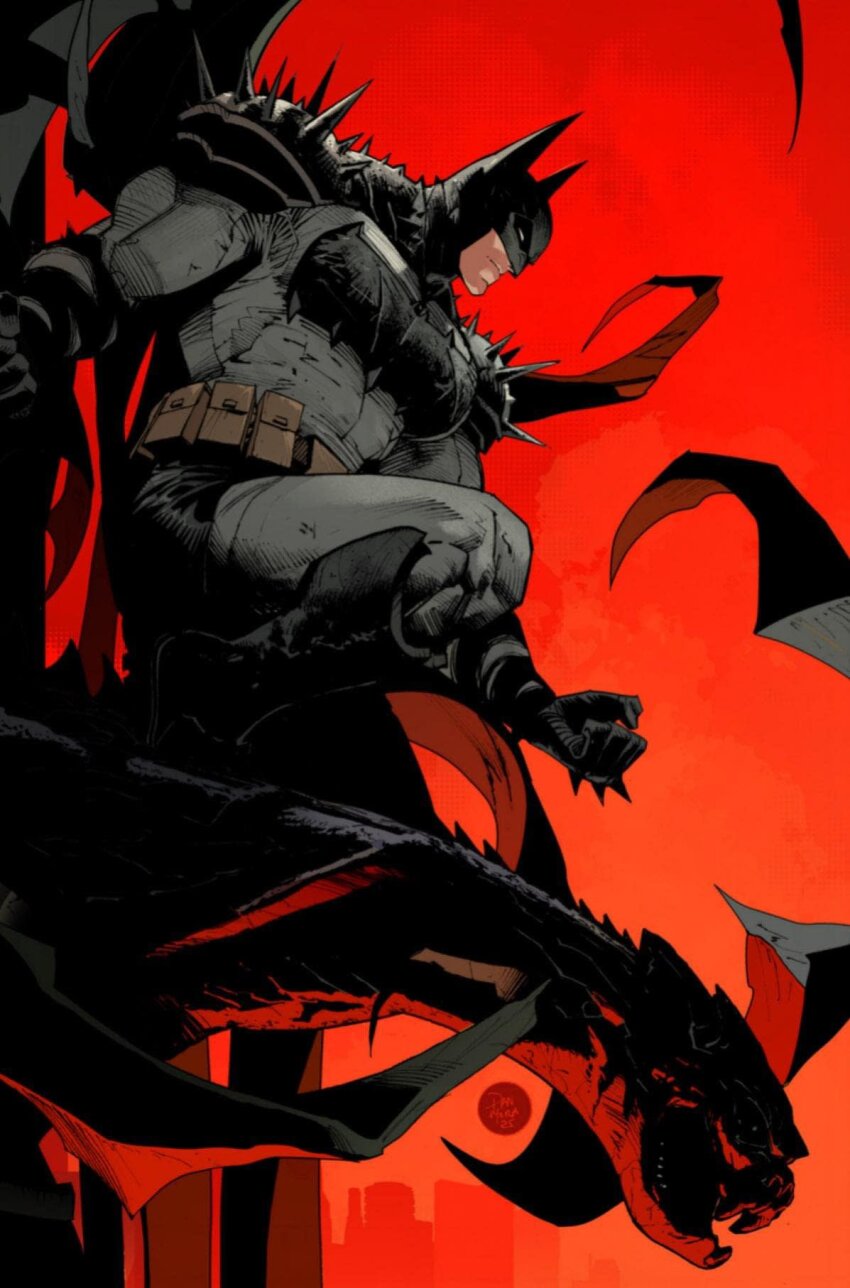 1boy absolute_batman absolute_dc batman batman_(series) batman_symbol belt belt_pouch black_bodysuit black_cape bodysuit boots building cape clenched_hands closed_mouth cowl dan_mora dc_comics from_below from_side gargoyle gloves grey_bodysuit hatching_(texture) high_contrast highres jaw knee_boots large_pectorals looking_down male_focus mask muscular muscular_male night official_art orange_sky outdoors pectorals pouch shoulder_spikes signature sky solo spiked_gloves spikes squatting superhero_costume two-tone_bodysuit underlighting utility_belt western_comics_(style) wide_shot