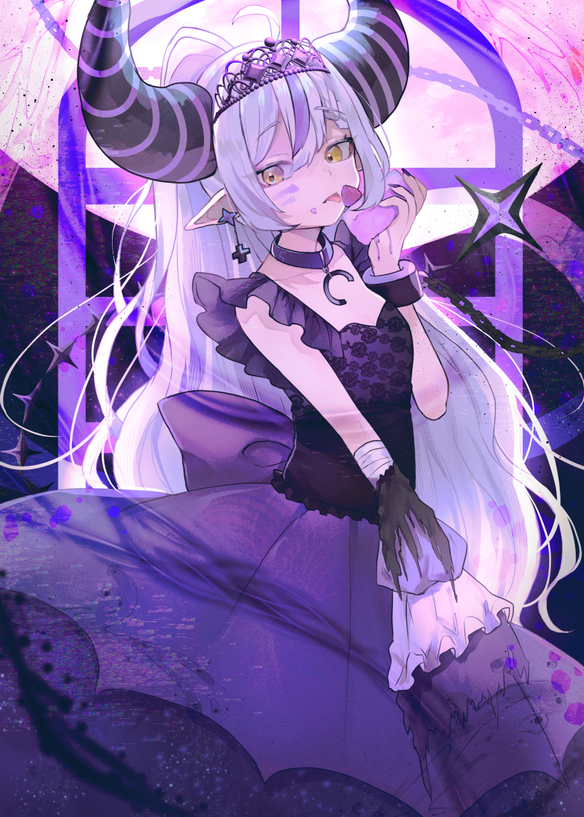 1girl :p absurdres ahoge animal_ears bandaged_arm bandages choker commentary_request detached_sleeves dress highres hololive horns la+_darknesss long_hair looking_at_viewer multicolored_hair nemuta_muu pointy_ears purple_dress purple_hair purple_nails solo tail tiara tongue tongue_out two-tone_hair virtual_youtuber white_hair yellow_eyes
