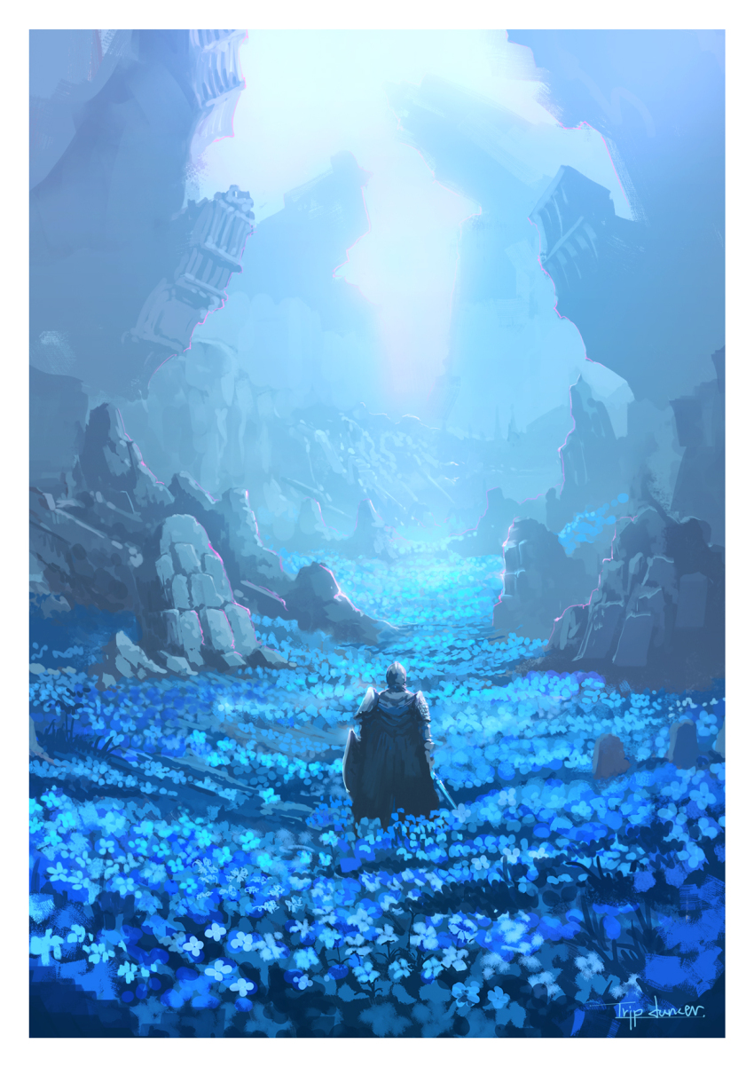 1other border commentary elden_ring elden_ring:_shadow_of_the_erdtree field flower flower_field highres holding holding_shield holding_sword holding_weapon rock scenery shield sword tarnished_(elden_ring) tombstone tripdancer weapon white_border