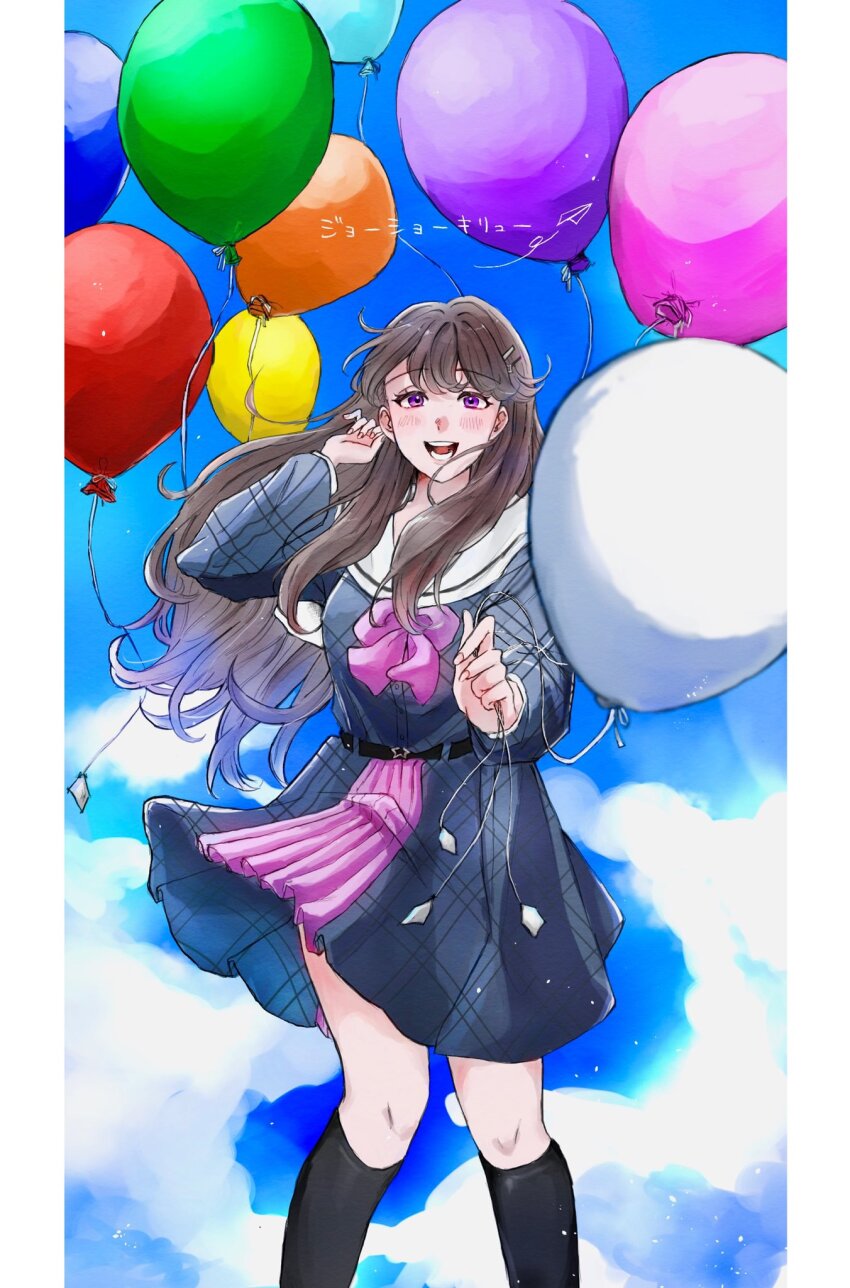 1girl :d balloon black_socks bow bowtie brown_hair dress feet_out_of_frame fujishima_megumi grey_dress highres holding holding_balloon josho_kiryu_(love_live!) light_particles link!_like!_love_live! long_hair long_sleeves love_live! medium_dress official_alternate_costume open_mouth paper_airplane pillarboxed pink_bow pink_bowtie pink_dress plaid_clothes plaid_dress pleated_dress purple_eyes sailor_collar sailor_dress school_uniform smile socks solo song_name teeth two-tone_dress two_side_up virtual_youtuber white_sailor_collar yam5565