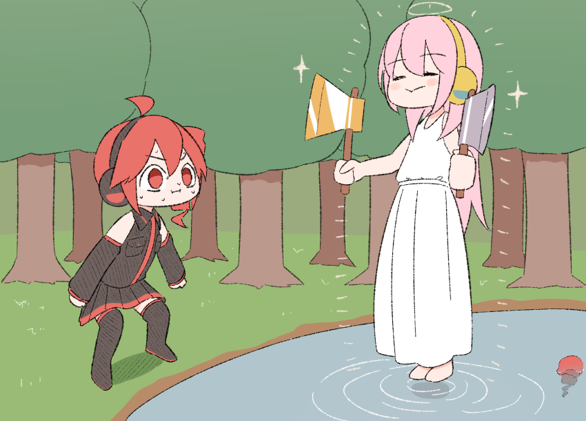 2girls :&gt; :i ahoge axe bananafish1111 bare_arms black_shirt black_skirt black_sleeves black_thighhighs blush_stickers closed_eyes commentary detached_hair detached_sleeves dress dual_wielding floating forest glint golden_axe_(weapon) halo headphones highres holding holding_axe honest_axe kasane_teto kasane_teto_(utau) long_hair megurine_luka miniskirt multiple_girls nature nervous nervous_sweating outdoors parody pink_hair pleated_skirt pond red_eyes red_hair ripples shirt short_hair silver_axe skirt sleeveless sleeveless_dress sleeveless_shirt sparkle sparkling_aura sweat thighhighs toga utau v-shaped_eyebrows vocaloid white_dress wide-eyed