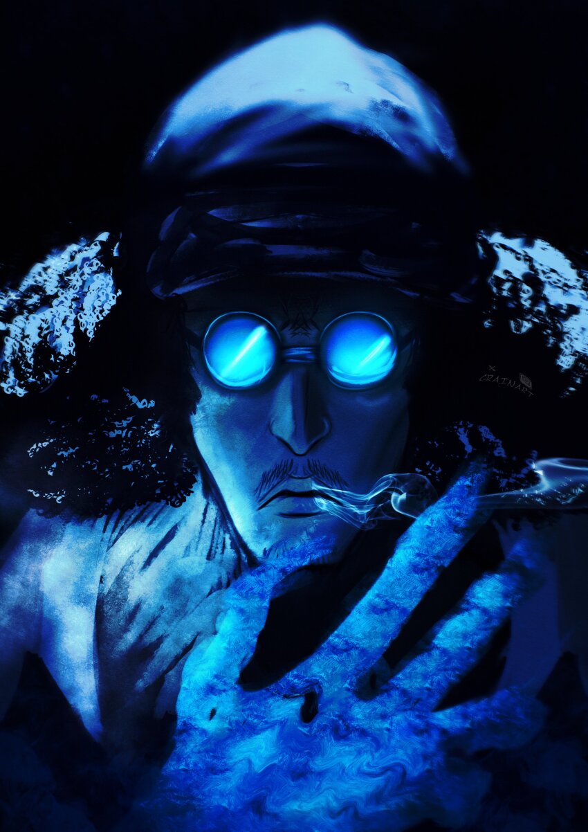 1boy absurdres afro aokiji_(one_piece) bandana black_background blue-framed_eyewear blue_bandana blue_theme breath crain1art cryokinesis facial_hair glasses goatee_stubble highres male_focus medium_hair mustache_stubble one_piece stubble