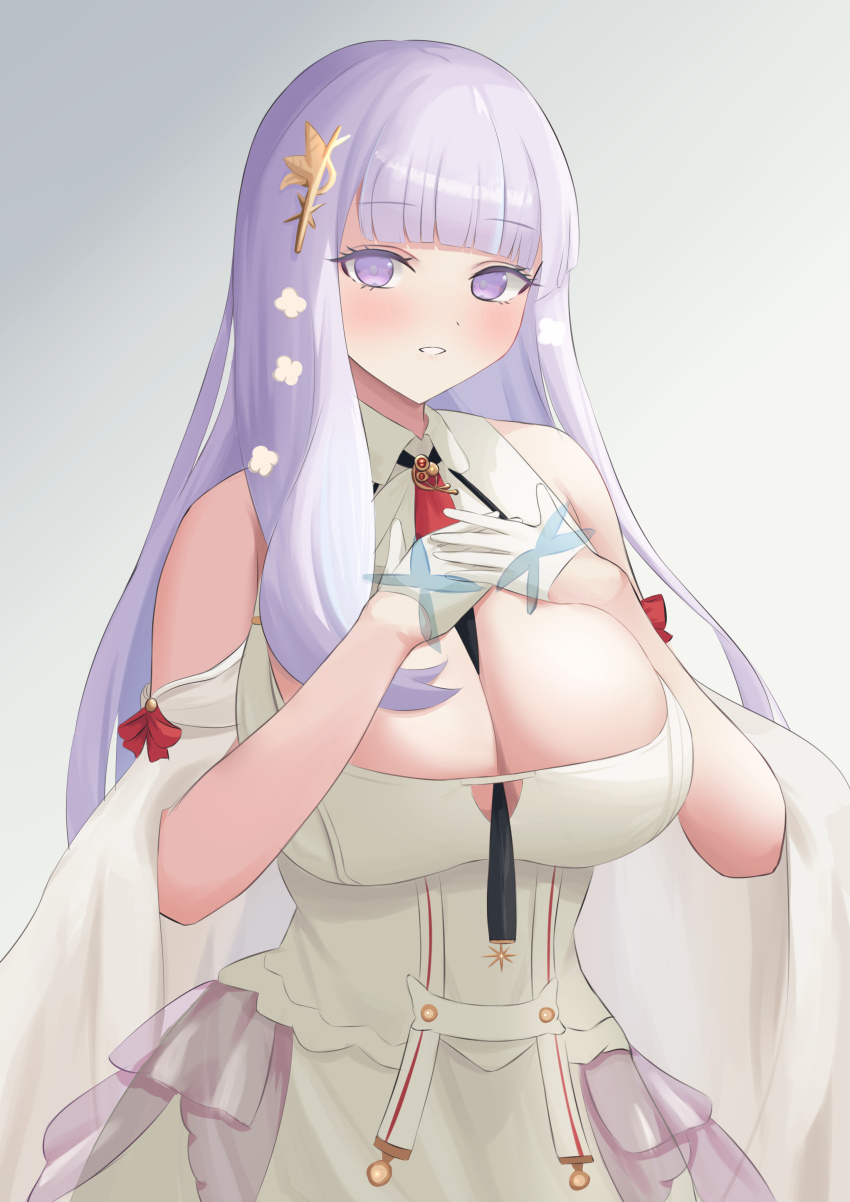 1girl absurdres azur_lane bare_shoulders breasts cleavage cleavage_cutout clothing_cutout collar cowboy_shot dress hands_on_own_chest highres large_breasts long_hair looking_at_viewer plymouth_(azur_lane) purple_eyes purple_hair red_ribbon remapack77 ribbon sleeveless sleeveless_dress smile solo white_collar white_dress