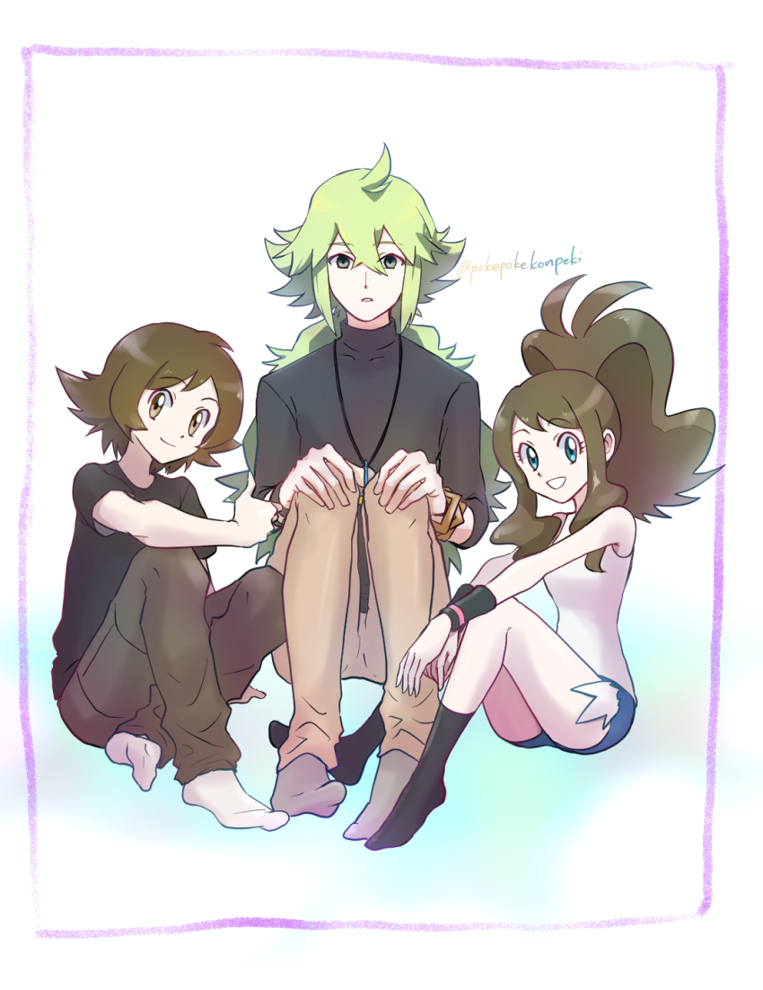 1girl 2boys blue_shorts brown_eyes brown_hair brown_pants commentary_request exposed_pocket green_hair grey_socks grin hair_between_eyes highres hilbert_(pokemon) hilda_(pokemon) jewelry long_hair multiple_boys n_(pokemon) necklace nintendo pants parted_lips pokemon pokemon_bw pokepokekonpeki shirt short_shorts short_sleeves shorts sidelocks sitting sleeveless sleeveless_shirt smile socks t-shirt teeth white_shirt white_socks