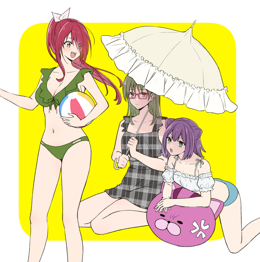 3girls :d :o absurdres akanegakubo_momo anger_vein animal_print bare_shoulders bikini brown_hair cat_print detached_sleeves double_bun dress glasses green_bikini grey_dress hair_bun highres holding kinokuni_nene kobayashi_rindou long_hair multiple_girls navel open_mouth plaid_clothes plaid_dress ponytail red_hair shokugeki_no_souma sitting smile stomach swimsuit toy-black umbrella white_background yellow_background