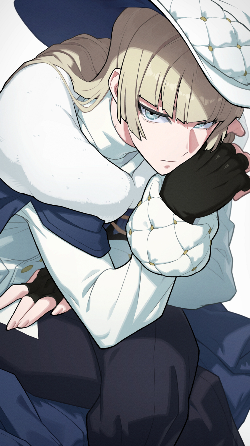 1boy aiguillette bishounen black_gloves black_pants blonde_hair blue_cape blue_eyes blunt_bangs buttons cape closed_mouth commission crossed_legs elbow_rest expressionless feet_out_of_frame fingerless_gloves fur-trimmed_cape fur_trim gloves hand_on_own_thigh hat hata4564 head_on_hand highres jacket leaning_forward long_hair male_focus original padded_hat padded_sleeves pants sanpaku shirt simple_background sitting skeb_commission sleeve_cuffs solo tilted_headwear turtleneck two-sided_fabric two-sided_headwear white_background white_hat white_jacket white_shirt witch_hat