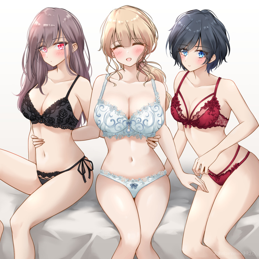 3girls arm_at_side bad_anatomy bare_arms bare_legs bed_sheet black_bra black_panties blonde_hair blue_eyes blush bow bow_panties bra breasts closed_eyes closed_mouth collarbone commentary_request curly_sidelocks dot_mouth dot_nose eyes_visible_through_hair facing_viewer feet_out_of_frame floating_blush grey_bow hand_on_another&#039;s_leg hand_on_another&#039;s_waist highres kakuremino7928 knee_up knees_together_feet_apart lace lace-trimmed_panties lace_bra lace_trim large_breasts legs_together long_eyelashes long_hair looking_at_viewer low_ponytail medium_breasts multi-strapped_panties multiple_girls navel open_mouth original panties ponytail red_bra red_eyes red_panties short_hair side-by-side side-tie_panties sitting skindentation slit_pupils small_breasts smile stomach twitter_username underwear underwear_only wavy_hair white_background white_bra white_panties yokozuwari