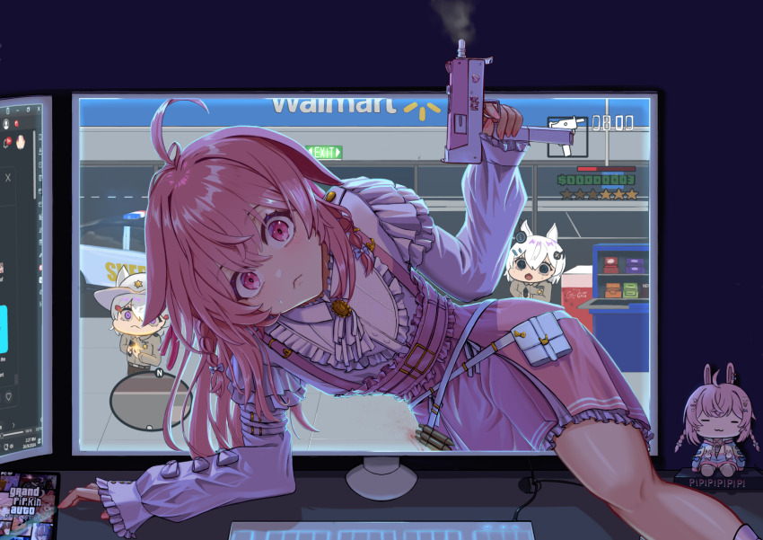 1girl ahoge animal_ears character_doll closed_mouth commentary computer_keyboard doll dress english_commentary frilled_shirt frilled_shirt_collar frills fujikura_uruka grand_theft_auto gun hair_between_eyes highres holding holding_gun holding_weapon jiisokyun long_hair long_sleeves looking_at_viewer making-of_available monitor official_alternate_costume phase_connect pinafore_dress pink_dress pink_eyes pink_hair pipkin_pippa pipkin_pippa_(shipkin_shippa) rabbit_ears rabbit_girl shirt sidelocks sleeveless sleeveless_dress solo tenma_maemi through_medium through_screen virtual_youtuber walmart weapon weapon_request white_shirt