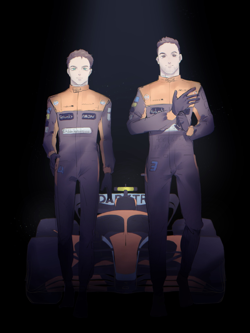 2boys absurdres animification beard_stubble black_gloves black_jumpsuit car facial_hair formula_one formula_racer gloves green_eyes hand_on_own_hip highres jumpsuit lando_norris light_frown male_focus mclaren motor_vehicle multiple_boys nanako_(nanako7ko7ko) orange_jumpsuit oscar_piastri race_vehicle racecar racing_suit real_life short_hair smile spoiler_(automobile) stubble two-tone_jumpsuit