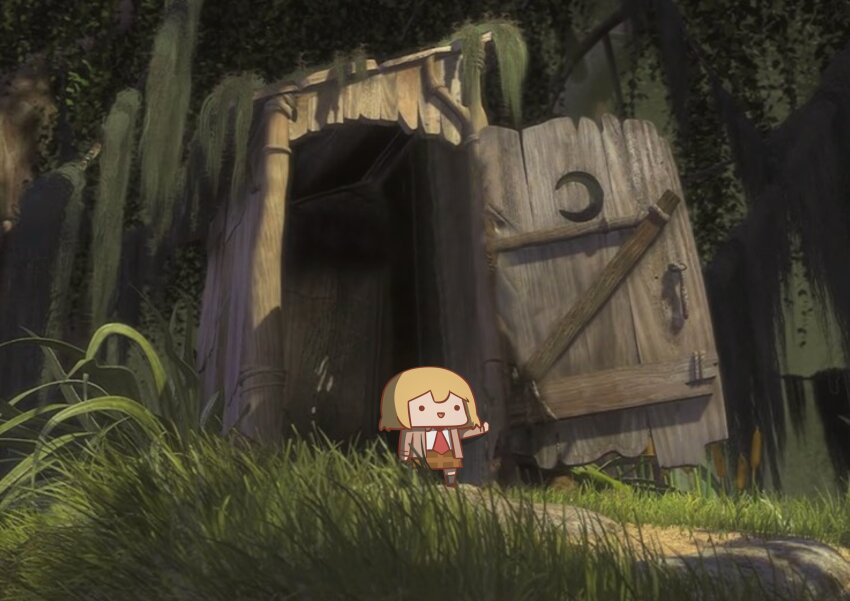 ._. 1girl :d absurdres blonde_hair brown_jacket brown_skirt chibi commentary forest grass grey_socks highres hololive hololive_english jacket nature necktie open_door open_mouth opening_door outdoors outhouse outstretched_arms parody phdpigeon plaid_clothes plaid_skirt red_necktie scene_reference shirt shrek_(series) shrek_1 skirt smile smol_ame socks solo standing tree virtual_youtuber watson_amelia white_shirt
