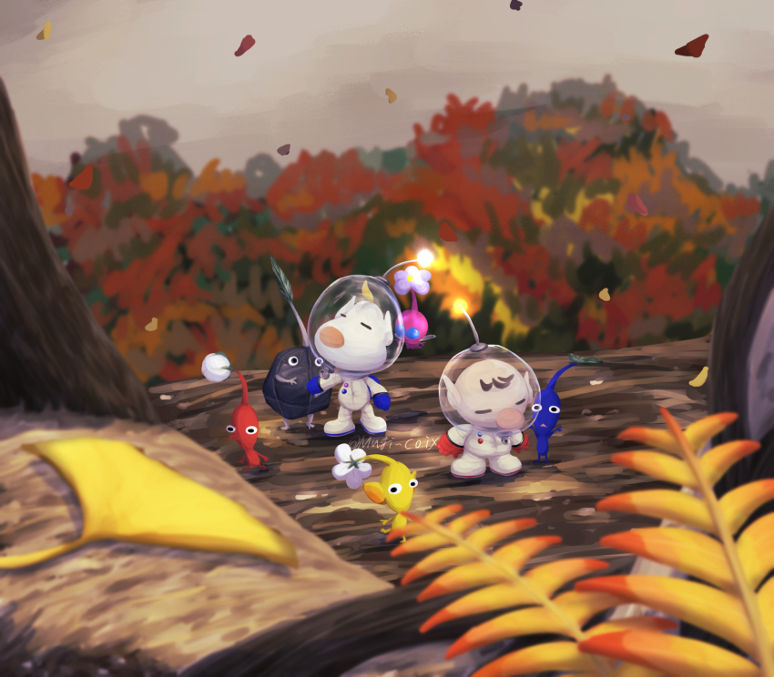 2boys arms_up autumn autumn_leaves big_nose black_eyes black_skin blonde_hair blue_eyes blue_gloves blue_pikmin blue_skin brown_hair bud buttons closed_eyes cloud cloudy_sky colored_skin commentary_request day falling_leaves flower flying full_body gloves hand_on_another&#039;s_arm helmet highres insect_wings leaf leg_up light louie_(pikmin) male_focus mini_person miniboy multiple_boys nintendo no_mouth olimar outdoors pale_skin pikmin_(creature) pikmin_(series) pink_skin plant pointy_ears pointy_nose purple_flower radio_antenna red_gloves red_pikmin red_skin rock rock_pikmin short_hair sky solid_oval_eyes space_helmet spacesuit tree triangle_mouth usuba_(hatomugip) very_short_hair whistle white_flower winged_pikmin wings yellow_pikmin yellow_skin