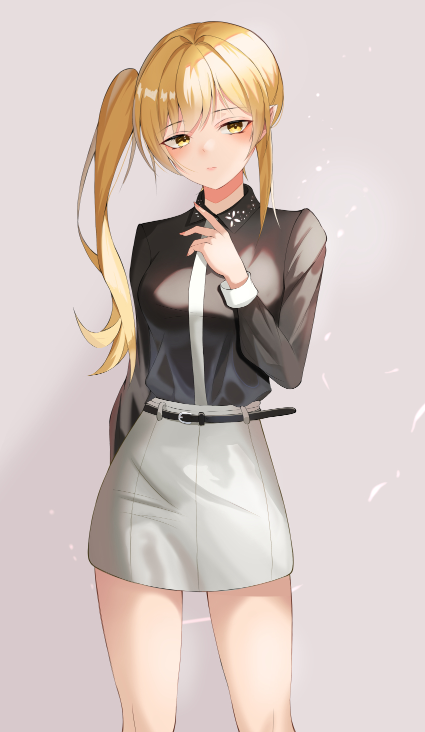 1girl absurdres arm_behind_back bakemonogatari belt black_belt black_shirt blonde_hair blush closed_mouth collared_shirt commentary_request grey_background hair_between_eyes hand_up highres jomk long_hair long_sleeves monogatari_(series) nisemonogatari oshino_shinobu pointy_ears shirt side_ponytail sidelighting skirt solo standing thighs vampire white_skirt yellow_eyes