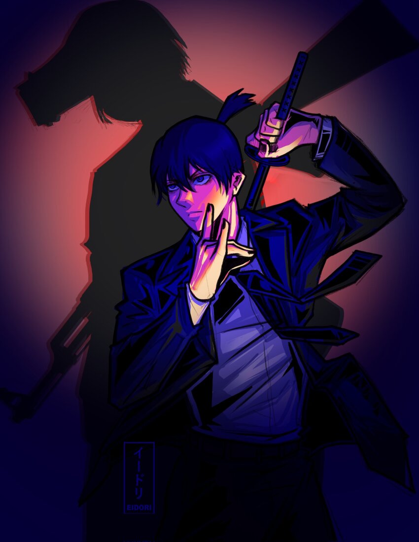 1boy ak-47 artist_name assault_rifle black_hair black_jacket black_necktie black_pants chainsaw_man collared_shirt different_shadow eidori floating_neckwear formal_clothes fox_shadow_puppet gun gun_devil_(chainsaw_man) handgun hayakawa_aki highres holding holding_weapon jacket kalashnikov_rifle katana looking_to_the_side necktie pants rifle sheath shirt shirt_tucked_in short_hair solo suit suit_jacket sword topknot unsheathing weapon weapon_on_back white_shirt