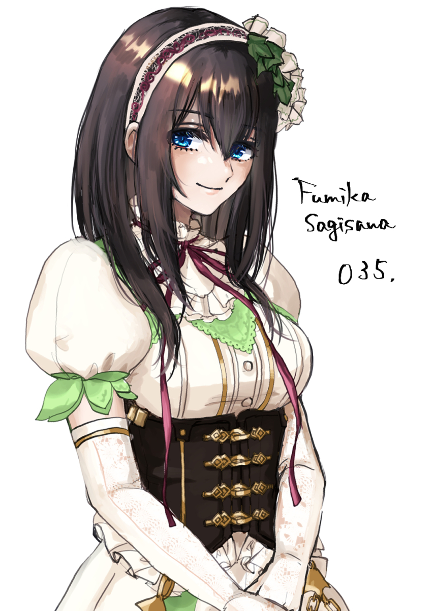 1girl black_hair blouse blue_eyes breasts hair_between_eyes hair_ornament hairband highres idolmaster idolmaster_cinderella_girls large_breasts long_hair sagisawa_fumika shinogugu shirt white_shirt