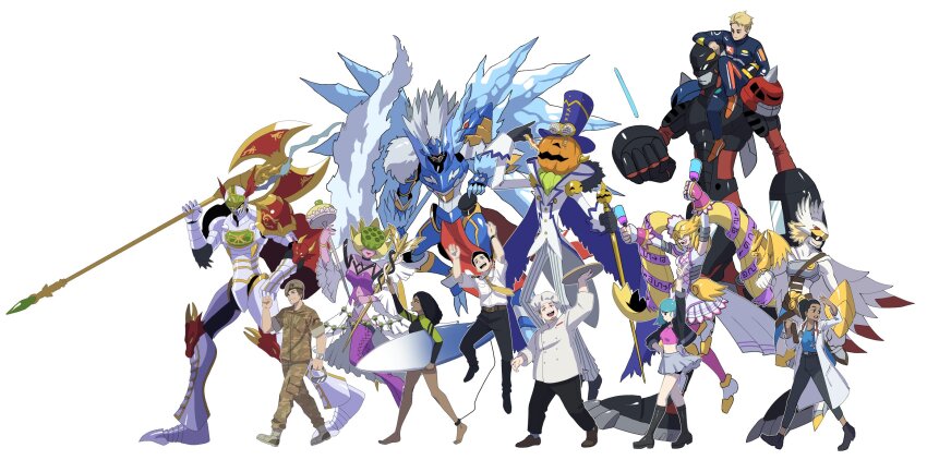 angel angel_girl armor axe digimon hexeblaumon hiandromon highres ice lovelyangemon mask medievaldukemon noblepumpmon original pumpkin valkyrimon wings