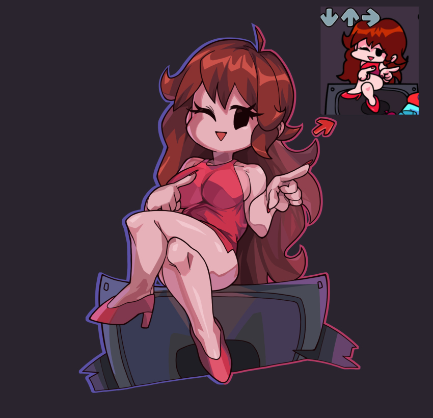 1girl boombox breasts brown_hair crossed_legs dress friday_night_funkin&#039; girlfriend_(friday_night_funkin&#039;) high_heels highres long_hair musical_note official_art_inset one_eye_closed open_mouth outline pointing pointing_to_the_side red_dress reference_inset sideboob simple_background sitting sleeveless sleeveless_dress smile solo tight_clothes tight_dress triangle_mouth waa153
