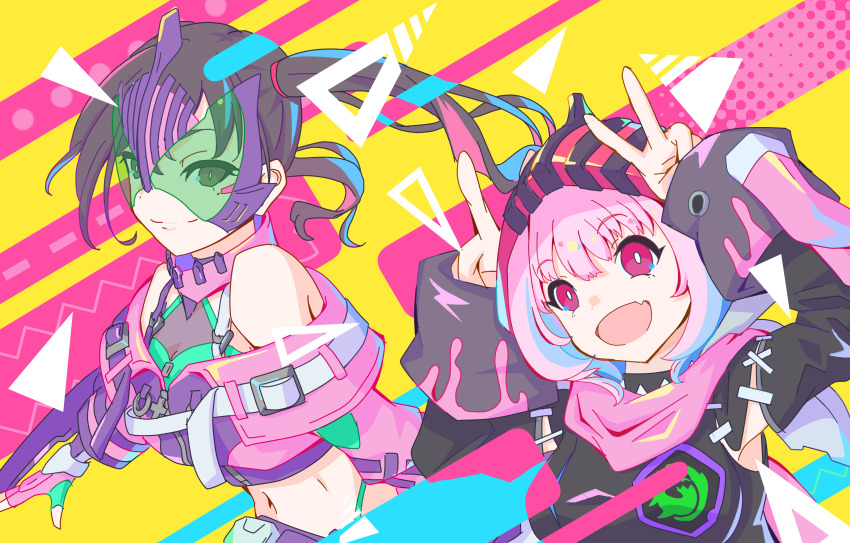 2girls alternate_form animal_hood arm_blade armor blade blue_eyes bohi_yamage commentary_request cosplay rider_belt dual_wielding extra_eyes fighting_stance green_eyes highres holding hood idolmaster idolmaster_cinderella_girls kamen_rider kamen_rider_revi kamen_rider_revi_(cosplay) kamen_rider_revice kamen_rider_vice kamen_rider_vice_(cosplay) megalodon megalodon_genome multiple_girls off_shoulder pink_eyes pink_hair revice_driver rider-tan shark splatter_print sunazuka_akira tokusatsu vistamp weapon yumemi_riamu