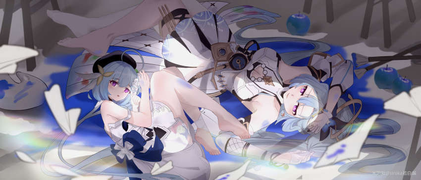 2girls absurdres ahoge armpits bare_legs bare_shoulders barefoot black_hat blue_apple blue_hair breasts cleavage_cutout clothing_cutout dress fetal_position flower griseo griseo_(cosmic_expression) griseo_(starry_impression) hair_between_eyes hair_flower hair_ornament hat highres honkai_(series) honkai_impact_3rd large_breasts light_blue_hair long_hair lying multiple_girls on_back on_side paint_on_body paint_on_clothes paint_palette purple_eyes siroka time_paradox white_dress