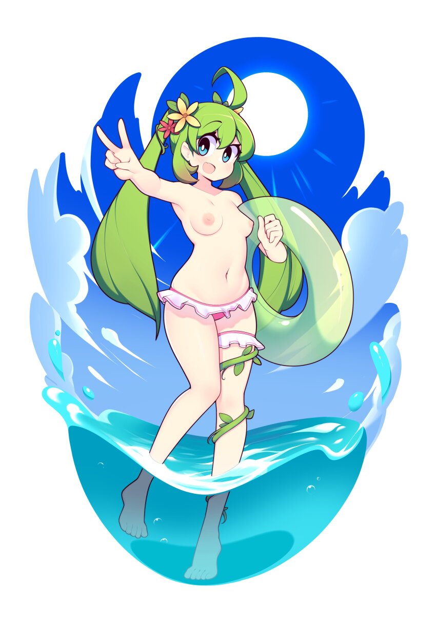 1girl :d absurdres ahoge bare_arms bare_shoulders barefoot bikini bikini_bottom_only blue_eyes blue_sky breasts cloud commentary commission english_commentary fizintine flower frilled_bikini frills full_body green_hair groin hair_between_eyes hair_flower hair_ornament highres innertube long_hair looking_at_viewer medium_breasts navel nipples open_mouth original partially_underwater_shot sky smile solo stomach sun swim_ring swimsuit twintails v wading water
