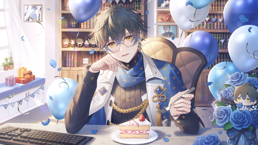 1boy arm_support balloon bench black_sweater blue_capelet blue_flower blue_hair blue_rose blue_scarf bouquet brooch cake capelet chair character_doll collar_chain_(jewelry) colored_tips commentary confetti curtains desk drawing_(object) fishnet_gloves fishnets flower food fork gift glasses gloves gradient_hair grey_hair head_tilt highres holding holding_fork ike_eveland ike_eveland_(1st_costume) ike_eveland_(2nd_costume) indoors jewelry computer_keyboard looking_at_viewer luca_kaneshiro luca_kaneshiro_(2nd_costume) male_focus multicolored_hair mysta_rias mysta_rias_(2nd_costume) nijisanji nijisanji_en parted_lips petals plate ribbed_sweater rose scarf shu_yamino shu_yamino_(2nd_costume) sitting smile string_of_flags sweater tassel turtleneck turtleneck_sweater upper_body virtual_youtuber vox_akuma vox_akuma_(2nd_costume) wenz window yellow_eyes