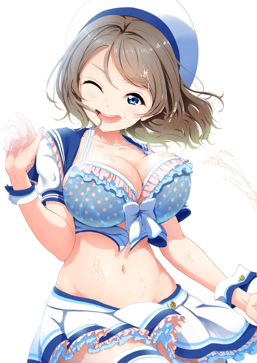 1girl ;d amagi_(volfuji) beret bikini bikini_top_only blue_eyes bow bow_bikini breasts cleavage collarbone crop_top female_focus frill_trim frills hat highres large_breasts layered_skirt light_brown_hair love_live! love_live!_school_idol_festival love_live!_sunshine!! miniskirt navel one_eye_closed open_mouth pleated_skirt polka_dot polka_dot_bikini polka_dot_bikini_top short_hair short_sleeves simple_background skirt smile solo swimsuit teeth thighhighs upper_teeth_only watanabe_you wet wet_clothes wet_hair white_background white_hat wrist_cuffs