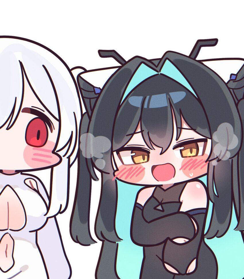 accessories aqua_hair armpit_cutout backless_bodysuit bare_shoulders black_bodysuit black_hair blush bodysuit breasts chibi cinderella_(nikke) cleavage clothing_cutout colored_inner_hair empty_eyes folded_hair gloves goddess_of_victory:_nikke hair_intakes hair_over_one_eye halterneck heavy_breathing highres large_breasts leg_cutout little_mermaid_(nikke) long_hair looking_at_viewer mming_(mmingis18) multicolored_hair multiple_girls navel navel_cutout one_eye_covered red_eyes see-through_bodysuit see-through_cleavage see-through_clothes simple_background smile stomach_cutout twintails very_long_hair white_bodysuit white_hair wide-eyed yellow_eyes