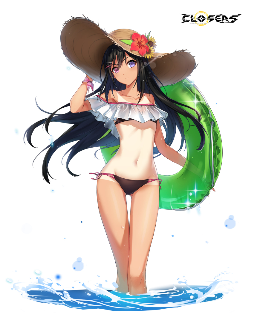 1girl bai_winchester bare_shoulders bikini black_bikini black_hair closers collarbone copyright_name floating_hair flower gluteal_fold green_innertube green_ribbon groin hair_between_eyes hand_on_headwear hat hat_flower hat_ribbon heterochromia hibiscus highres holding innertube logo long_hair looking_at_viewer navel off_shoulder official_art one-piece_tan pink_eyes purple_eyes red_flower ribbon side-tie_bikini_bottom simple_background solo standing stomach straw_hat string_bikini sun_hat sunflower swim_ring swimsuit tan tanline thighs variant_set very_long_hair wading water white_background wrist_ribbon