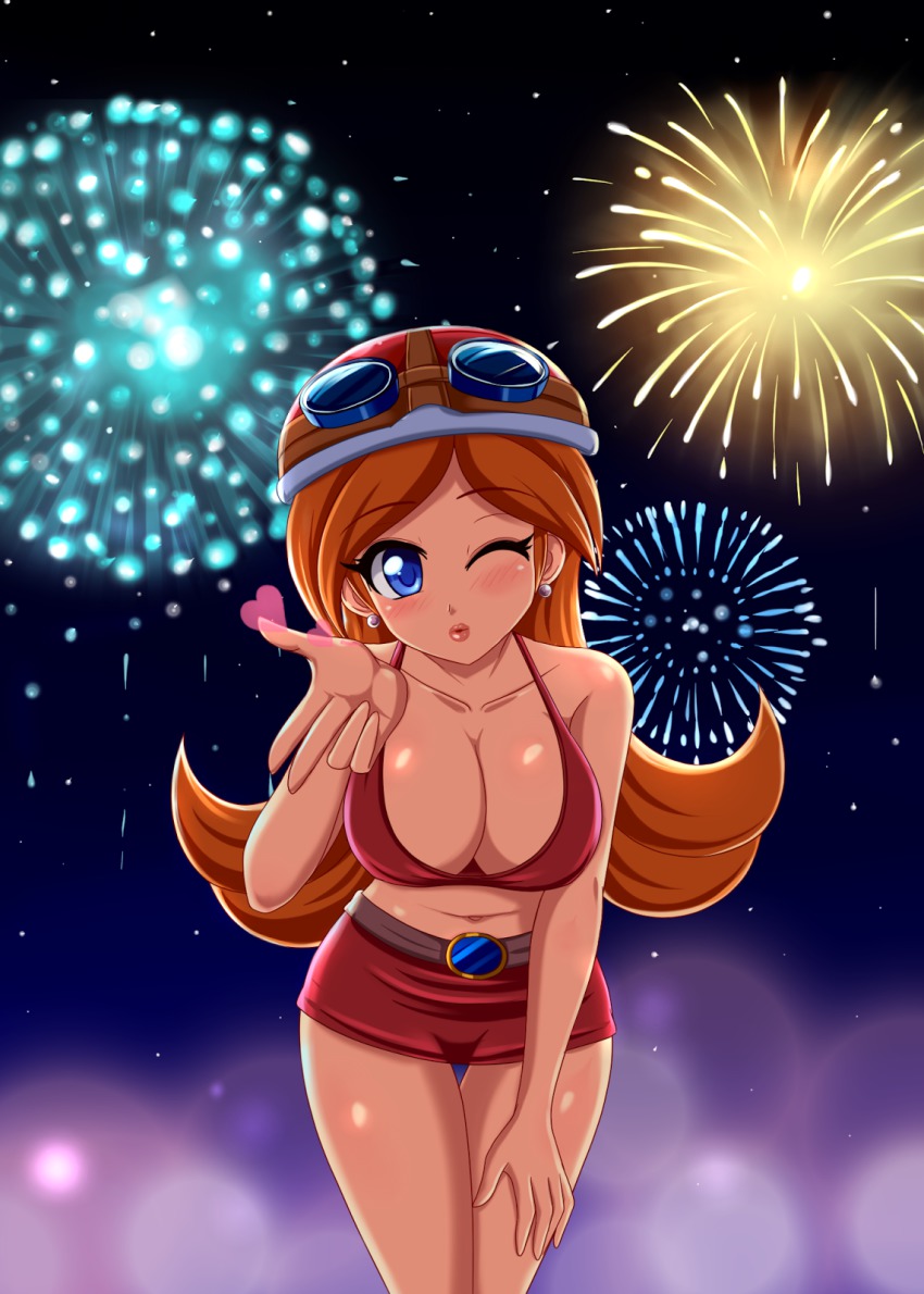 1girl blowing_kiss blue_eyes breasts brown_hair cleavage earrings female_focus fireworks hat highres jewelry large_breasts lips long_hair mona_(warioware) night nintendo one_eye_closed pilot sigurd_hosenfeld skirt solo very_long_hair warioware wink