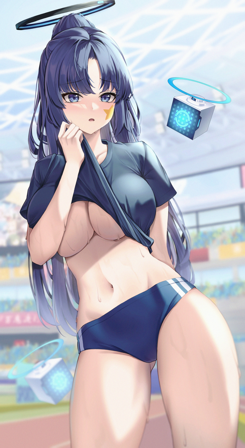 1girl absurdres arm_behind_back black_shirt blue_archive blue_buruma blue_eyes blurry blurry_background breasts buruma chromatic_aberration clothes_lift collarbone contrapposto cowboy_shot depth_of_field drone gluteal_fold gym_shirt gym_uniform half_updo halo highres lancheu large_breasts lifting_own_clothes long_hair looking_at_viewer midriff navel no_bra official_alternate_costume open_mouth parted_bangs purple_hair shirt shirt_lift short_sleeves solo star_sticker sticker_on_face sweat track_and_field underboob wiping_face wiping_sweat wiping_with_clothes yuuka_(blue_archive) yuuka_(track)_(blue_archive)