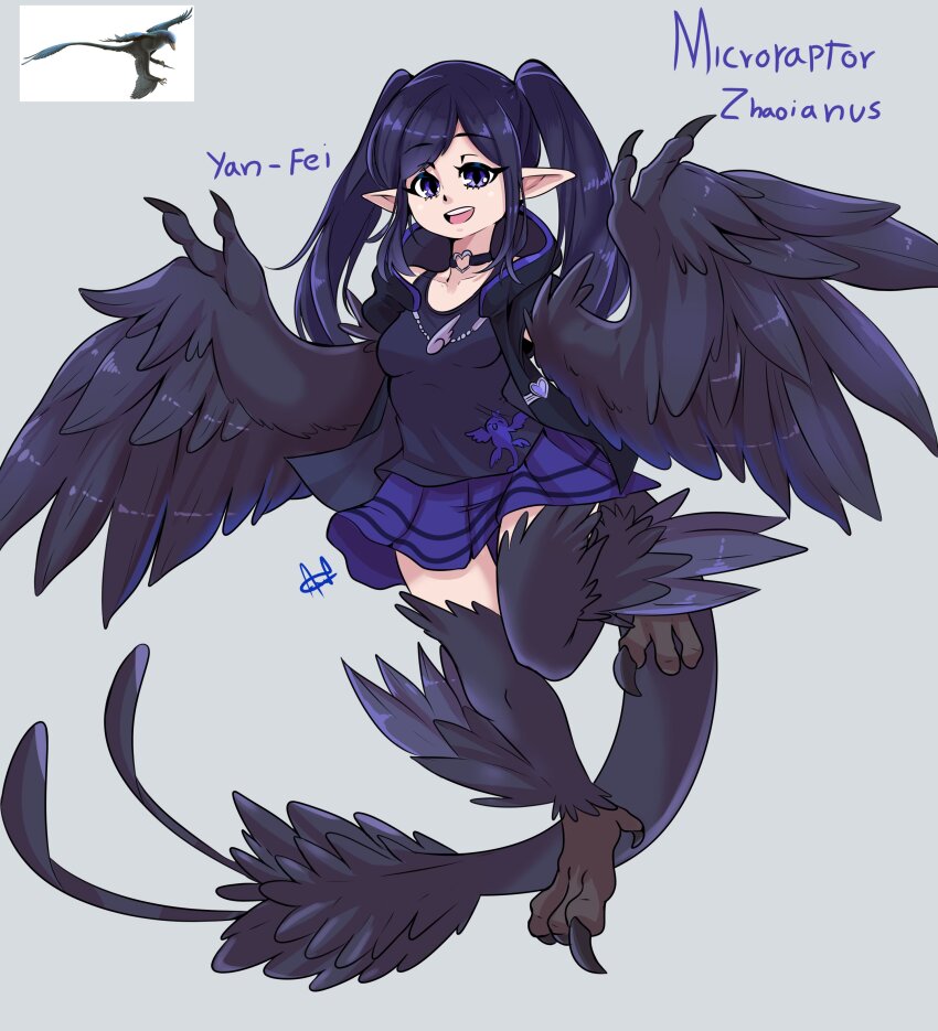 1girl a.c._hunter absurdres animal_print bird_legs bird_print black_feathers black_hair black_hoodie black_tank_top black_wings blue_skirt breasts character_name choker claws commentary dinosaur_girl dinosaur_tail english_commentary feathered_wings feathers full_body grey_background heart heart_choker highres hood hoodie long_hair looking_at_viewer open_mouth original partially_feathered_tail pointy_ears purple_eyes raptor reference_inset sidelocks simple_background skirt small_breasts solo tail talons tank_top teeth thighhighs twintails upper_teeth_only winged_arms wings zettai_ryouiki