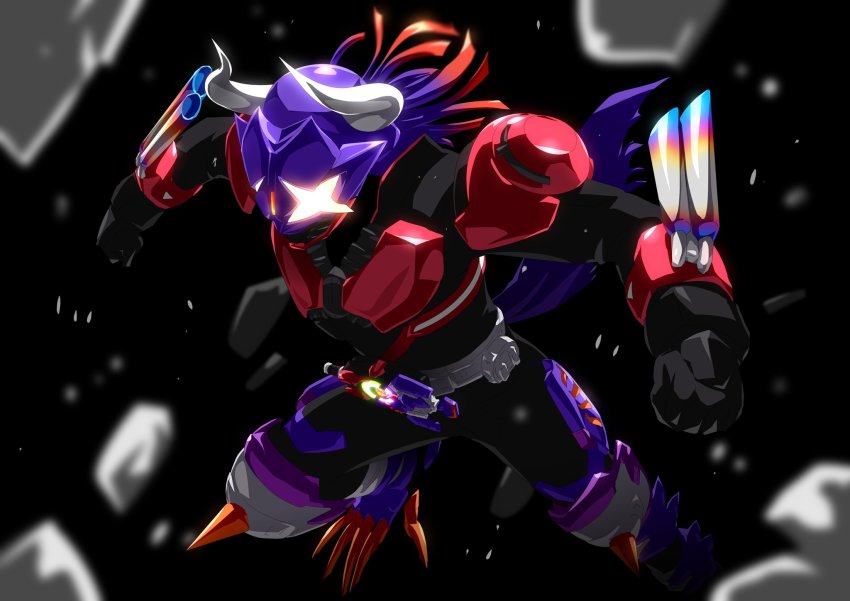 1boy armor black_background boost_buckle boost_zombie buffalo charging_forward claw_(weapon) clenched_hands exhaust_pipe fake_tail glowing glowing_eyes gradient_hair highres horns kamen_rider kamen_rider_geats_(series) knee_spikes male_focus multicolored_hair otokamu purple_hair purple_headwear purple_scarf red_armor red_hair scarf solo spikes tail wall water_buffalo weapon zombie_buckle