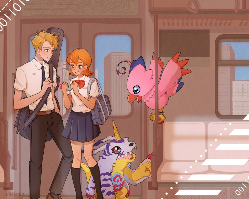 1boy 1girl absurdres beak black_necktie black_pants black_socks blonde_hair blue_skirt cellphone collared_shirt crisutaa digimon digimon_(creature) digimon_adventure_tri. gabumon highres holding holding_phone horns ishida_yamato necktie orange_hair pants phone piyomon pleated_skirt school_uniform sharp_teeth shirt short_hair short_sleeves skirt socks takenouchi_sora teeth white_shirt wings