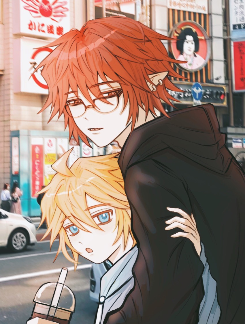 2boys ahoge alternate_costume aotu_world bespectacled bishounen black_hoodie blonde_hair blue_eyes car cup disposable_cup drinking_straw ear_piercing earrings glasses hair_between_eyes height_difference highres holding holding_another&#039;s_arm holding_cup hood hood_down hoodie jewelry king_(aotu_world) long_sleeves looking_at_viewer male_focus motor_vehicle multiple_boys open_mouth outdoors photo_background piercing pius_(aotu_world) plutoray pointy_ears red_eyes red_hair short_hair spiked_hair upper_body white_hoodie yaoi