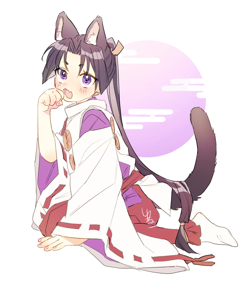 1boy :3 absurdres animal_ear_fluff animal_ears black_hair blush cat_boy cat_ears cat_tail curtained_hair egasumi fang from_side hakama hakama_pants hand_on_ground hand_up highres houjou_tokiyuki_(nige_jouzu_no_wakagimi) japanese_clothes kariginu kneeling kuromiya_yuneko long_hair long_sleeves looking_at_viewer low-tied_long_hair male_focus motoyui nige_jouzu_no_wakagimi open_mouth pants parted_bangs paw_pose ponytail purple_eyes red_hakama red_sash ribbon-trimmed_sleeves ribbon_trim sash sidelocks_tied_back simple_background skin_fang tabi tail thick_eyebrows very_long_hair white_background wide_sleeves