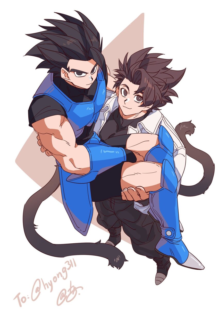 2boys armor black_eyes black_hair black_pants black_shirt black_shorts blue_armor borrowed_character bracer bright_pupils brown_eyes brown_hair carrying carrying_person closed_mouth commentary_request couple dragon_ball dragon_ball_legends dragon_ball_xenoverse from_above gift_art highres jacket jiajiajiajiaa korean_commentary looking_at_viewer looking_up male_focus mirai_senshi monkey_boy monkey_tail multiple_boys muscular muscular_male oc_x_canon pants reta_(hyong311) saiyan saiyan_armor second-party_source shallot_(dragon_ball) shirt short_hair shorts signature single_bang smile spiked_hair tail twitter_username white_background white_jacket white_pupils yaoi