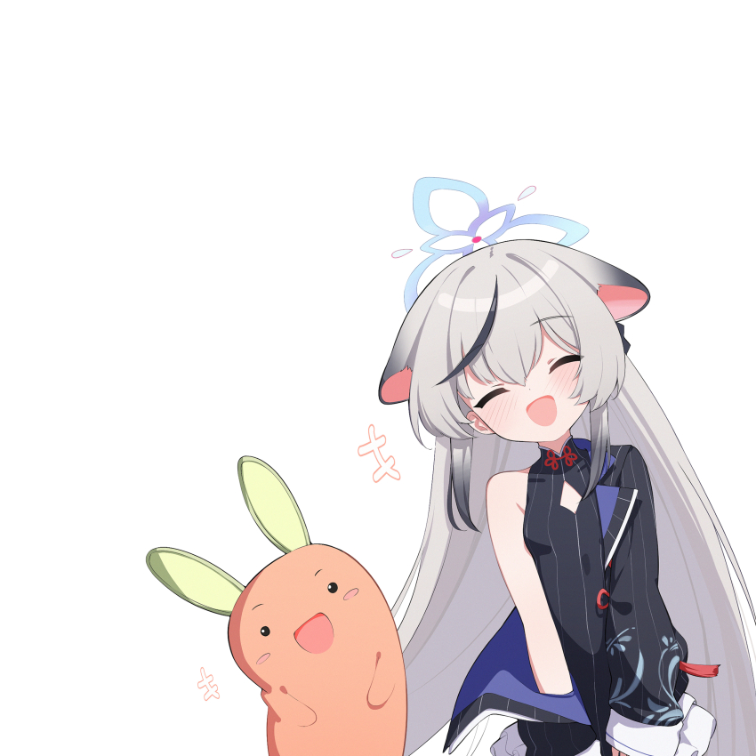 1girl :d absurdres animal_ears black_dress blue_archive blue_halo china_dress chinese_clothes cocokawa_(cjsj8353) diamond_cutout dress grey_hair halo highres jacket kokona_(blue_archive) multicolored_hair open_mouth simple_background smile streaked_hair striped_clothes striped_dress striped_jacket tiger_ears tiger_girl vertical-striped_clothes vertical-striped_dress vertical-striped_jacket white_background