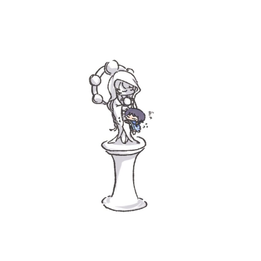 1boy black_hair black_shirt black_shorts blue_headwear blush chibi closed_eyes genshin_impact highres jacket hugging_object raiden_shogun scaramouche_(genshin_impact) shirt shorts statue statue_of_the_seven wanderer_(genshin_impact) white_background white_jacket yoku_(knee_cap_)