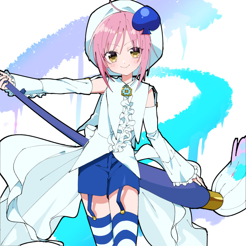 1girl amulet_spade blue_shorts blue_thighhighs closed_mouth detached_sleeves garter_straps giant_brush hair_ornament highres hinamori_amu holding holding_paintbrush jewelry necklace paintbrush pink_hair sakuragi_mochi shirt short_hair shorts shugo_chara! smile solo spade_hair_ornament striped_clothes striped_thighhighs thighhighs white_headwear white_shirt white_sleeves white_thighhighs yellow_eyes