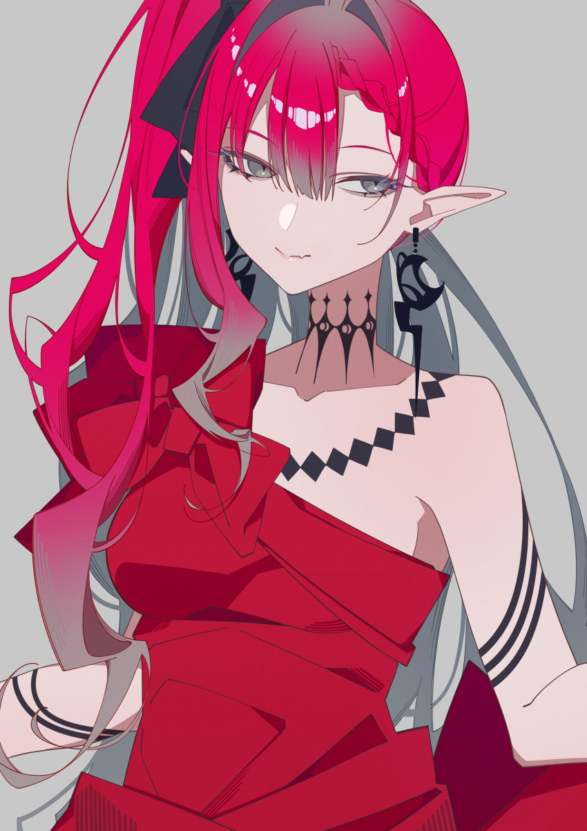 1girl absurdres baobhan_sith_(exhibition_attire)_(fate) baobhan_sith_(fate) baobhan_sith_(swimsuit_pretender)_(fate) baobhan_sith_(swimsuit_pretender)_(third_ascension)_(fate) breasts dress earrings fang fate/grand_order fate_(series) grey_background grey_eyes hair_ribbon highres jewelry kafueore long_hair looking_to_the_side pink_hair pointy_ears red_dress ribbon side_ponytail skin_fang smile solo upper_body