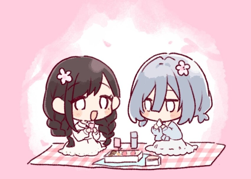 2girls asaka_kaori black_hair blue_shirt braid cherry_blossoms commentary_request dress flower grey_hair hair_between_eyes hair_flower hair_ornament hanami hoshikawa_shizuku kimi_to_tsuzuru_utakata long_hair medium_hair multiple_girls picnic shirt sitting skirt twin_braids white_dress white_skirt yuama