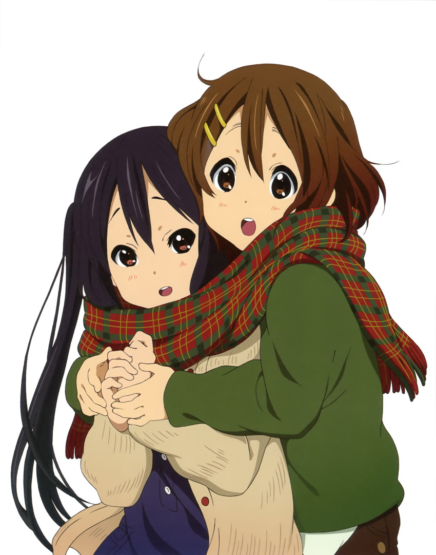 2girls anime_coloring black_hair bob_cut brown_hair cardigan double-parted_bangs green_cardigan hair_ornament hairclip hands_up happy highres hirasawa_yui hug hug_from_behind k-on! k-on!_movie long_hair looking_ahead looking_at_another multiple_girls nakano_azusa nonoue_midori official_art open_mouth own_hands_together plaid_clothes plaid_scarf scan scarf shared_clothes shared_scarf simple_background smile teeth textless_version third-party_source upper_body upper_teeth_only white_background yellow_cardigan