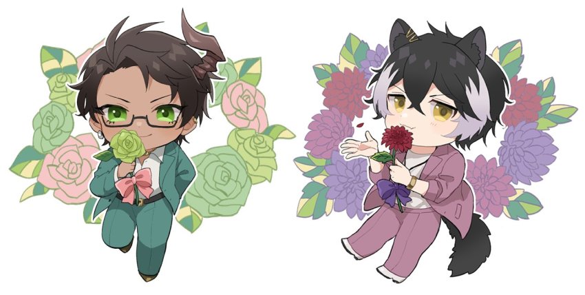 &gt;:) 2boys :3 animal_ears aragami_oga arm_behind_back bespectacled black_hair blouse bow bracelet brown_footwear chibi collared_shirt crossed_bangs dahlia dark-skinned_male dark_skin earclip earrings fang floral_background flower flower_wreath full_body glasses green_eyes green_flower green_jacket green_pants green_rose hair_between_eyes holding holding_flower holostars horns jackal_boy jackal_ears jackal_tail jacket jewelry kageyama_shien leaf looking_at_viewer mafia_(holostars) male_focus mioto_(tsubsq_m) multicolored_hair multiple_boys necklace official_alternate_costume open_clothes open_collar open_hand open_jacket outline pants parted_bangs pink_bow pink_flower pink_rose purple_bow purple_flower purple_jacket purple_pants red_flower rose shirt short_hair single_earring single_horn skin_fang two-tone_hair v-shaped_eyebrows virtual_youtuber white_background white_footwear white_hair white_outline white_shirt yellow_eyes