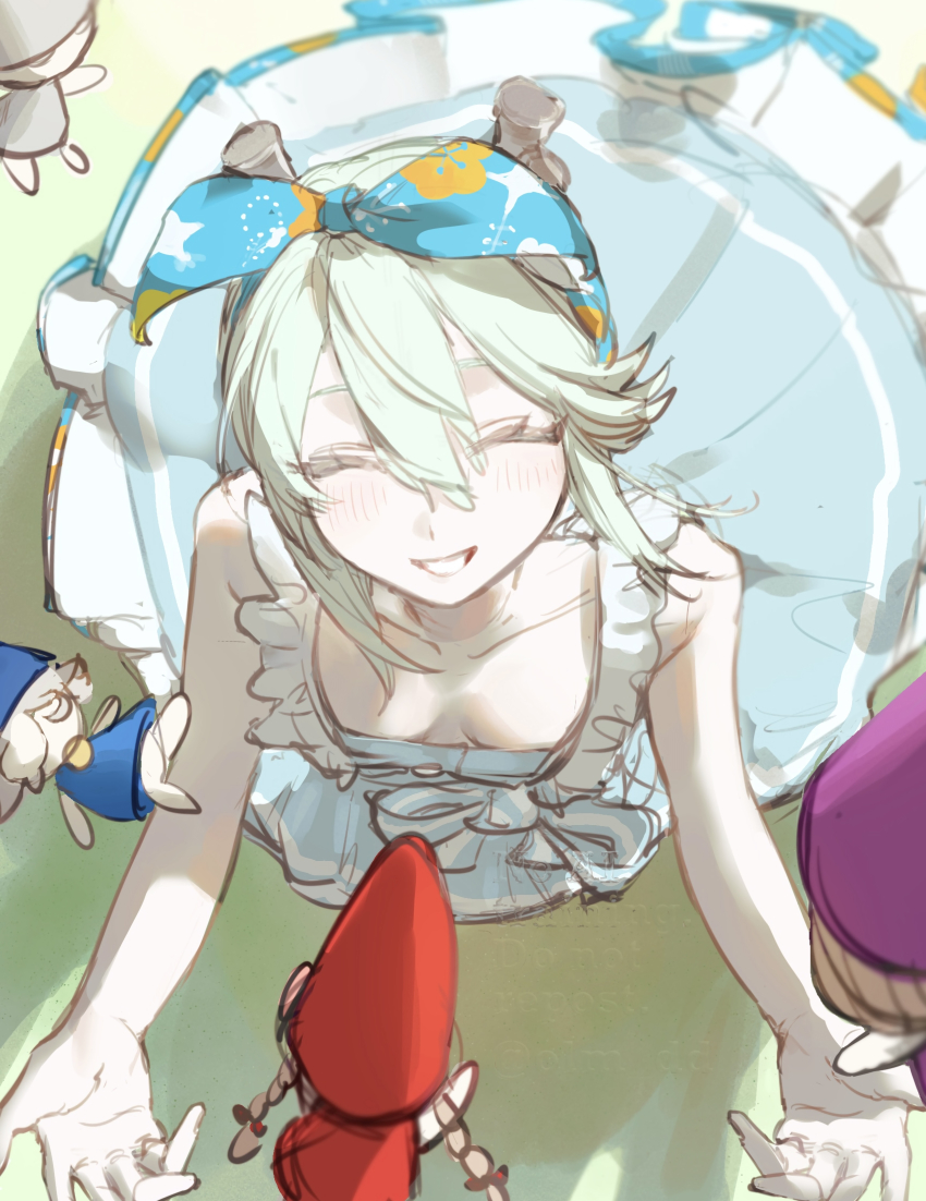 1girl absurdres bare_shoulders blue_dress blue_ribbon blush bow breasts closed_eyes collarbone dress fate/grand_order fate_(series) grin hair_between_eyes hair_ribbon highres horns louhi_(fate) louhi_(first_ascension)_(fate) olm_dd ribbon short_hair sidelocks small_breasts smile tonttu_(fate) white_hair