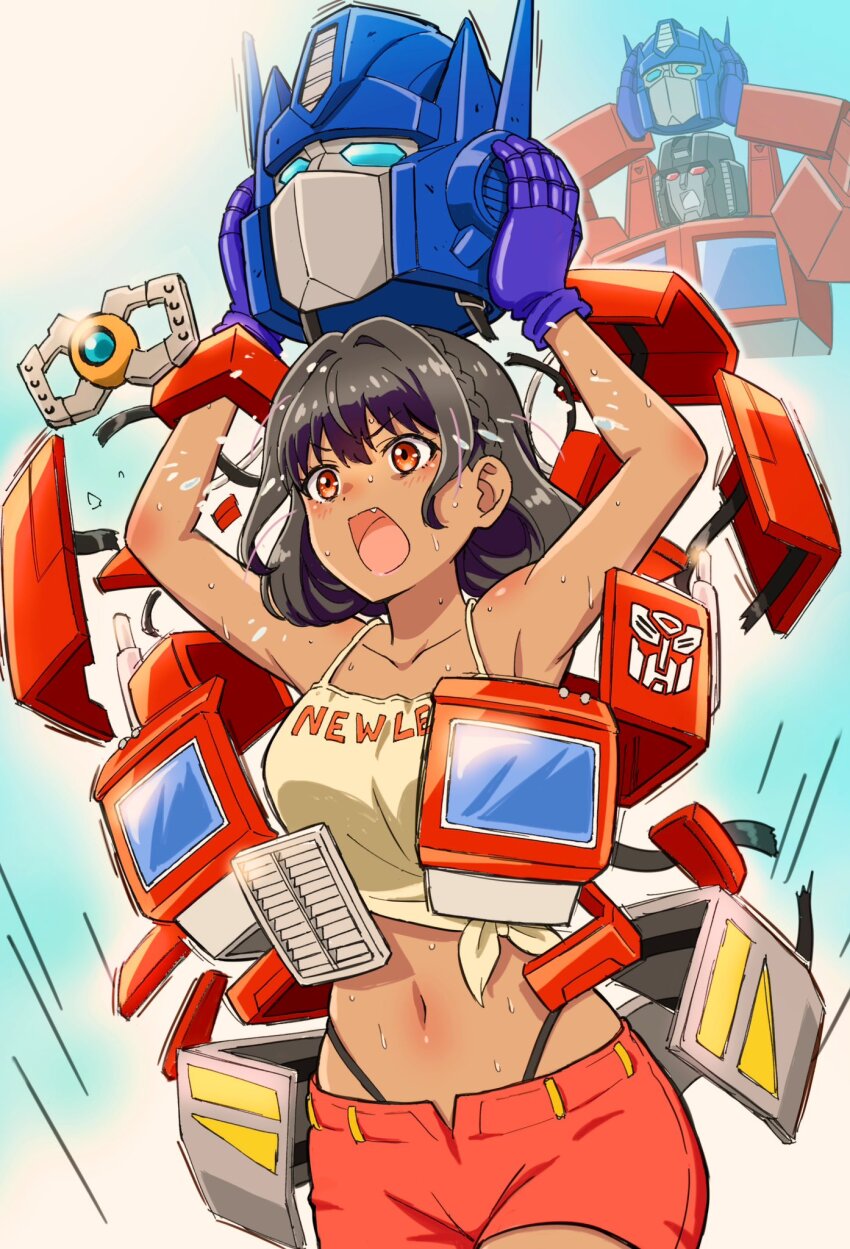 1girl bare_shoulders black_hair blush breasts brown_eyes collarbone dark-skinned_female dark_skin fang gloves highres komagoma kotobukiya_bishoujo matrix_of_leadership medium_breasts navel open_mouth optimus_prime purple_gloves red_shorts shirt shorts starscream starscream_(kotobukiya_bishoujo) sweat tank_top thong transformers undressing yellow_shirt