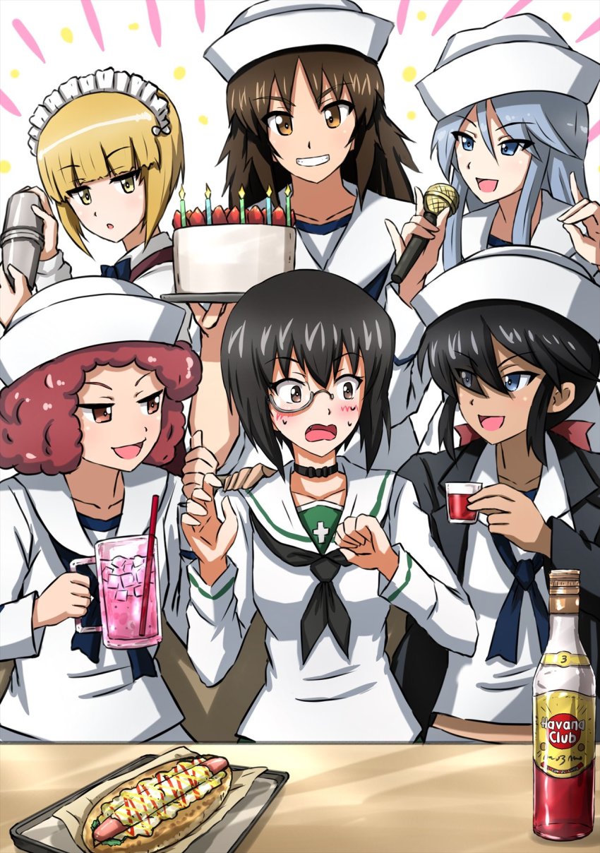 6+girls :d :o bartender birthday_cake black_bow black_bowtie black_choker black_coat black_hair black_neckerchief blonde_hair blouse blue_eyes blunt_bangs bob_cut bottle bow bow_choker bowtie brown_eyes brown_hair brown_vest cake choker coat cocktail_shaker commentary cup curly_hair cutlass_(girls_und_panzer) dark-skinned_female dark_skin dixie_cup_hat dress_shirt drinking_glass flint_(girls_und_panzer) food girls_und_panzer grey_hair hair_over_one_eye happy_birthday hat highres holding holding_cup holding_food holding_microphone holding_shaker hot_dog kawashima_momo long_coat long_hair long_sleeves looking_at_another microphone military_hat monocle mug multiple_girls murakami_(girls_und_panzer) neckerchief ogin_(girls_und_panzer) omachi_(slabco) ooarai_naval_school_uniform ooarai_school_uniform open_clothes open_coat open_mouth pinky_out ponytail red_eyes red_hair ribbon_choker rum_(girls_und_panzer) sailor_collar school_uniform semi-rimless_eyewear serafuku shirt short_hair shot_glass sidelocks smile tilted_headwear under-rim_eyewear vest white_headwear white_sailor_collar white_shirt wing_collar yellow_eyes