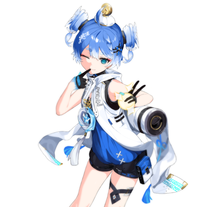 1girl absurdres ahoge bare_arms bare_legs black_gloves black_jumpsuit blue_hair blue_hands blue_jumpsuit braid braided_bangs breasts coin colored_extremities double_bun eyeliner feet_out_of_frame finger_to_mouth gloves gradient_hair green_eyes hair_bun hair_ornament hairclip hat highres holding_orb holed_coin hood hood_down hooded_jacket jacket jumpsuit looking_at_viewer makeup mini_hat multicolored_hair one_eye_closed petite pouch red_eyeliner scroll short_eyebrows short_hair short_jumpsuit short_twintails sleeveless sleeveless_jacket small_breasts smile snowflake_hair_ornament solo tassel thigh_pouch thigh_strap twintails two-tone_jumpsuit v white_background white_hair white_hat white_jacket wuthering_waves xindongfang_chaocai_dashi youhu_(wuthering_waves)