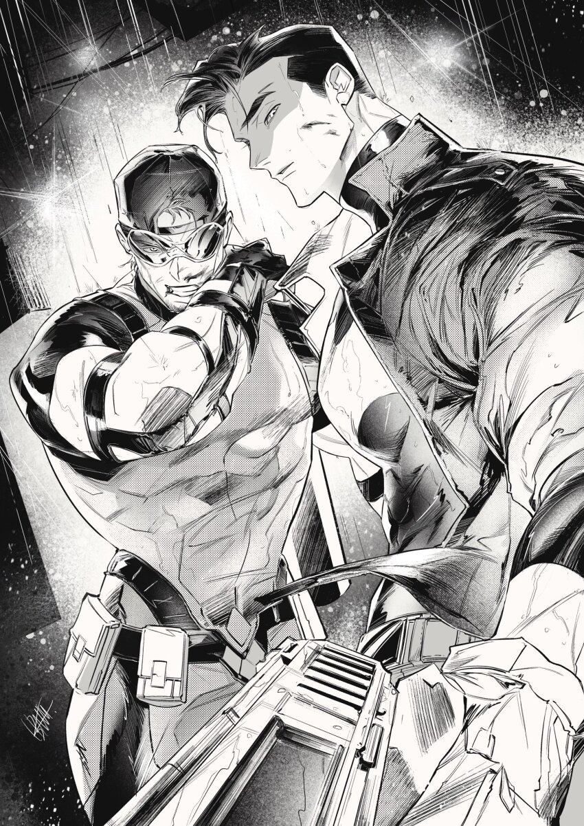 2boys arsenal_(dc) artist_name baseball_cap bat_signal batman_(series) batman_symbol belt black_gloves black_hair bodysuit brown_jacket dc_comics gloves grey_bodysuit hat highres holding insignia jacket jason_todd looking_at_viewer male_focus monochrome multiple_boys muscular muscular_male orange_hair pants red_bodysuit red_hood_(dc) roy_harper short_hair superhero_costume tokitokororo two-tone_bodysuit utility_belt